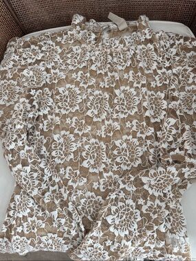 dolan Beige and White Lace Long-Sleeve Blouse